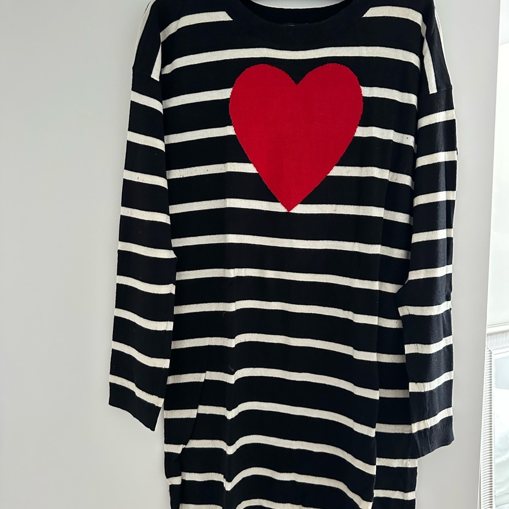 Striped Black and White Sweater Dress with Red Heart